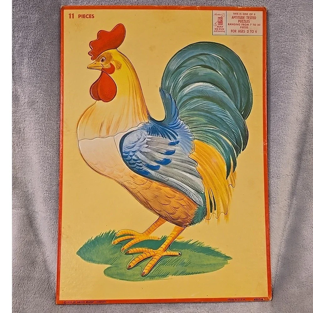 Vintage 1955 Milton Bradley Rooster Inlaid Puzzle 11 Piece 4507-4 MB Aptitude